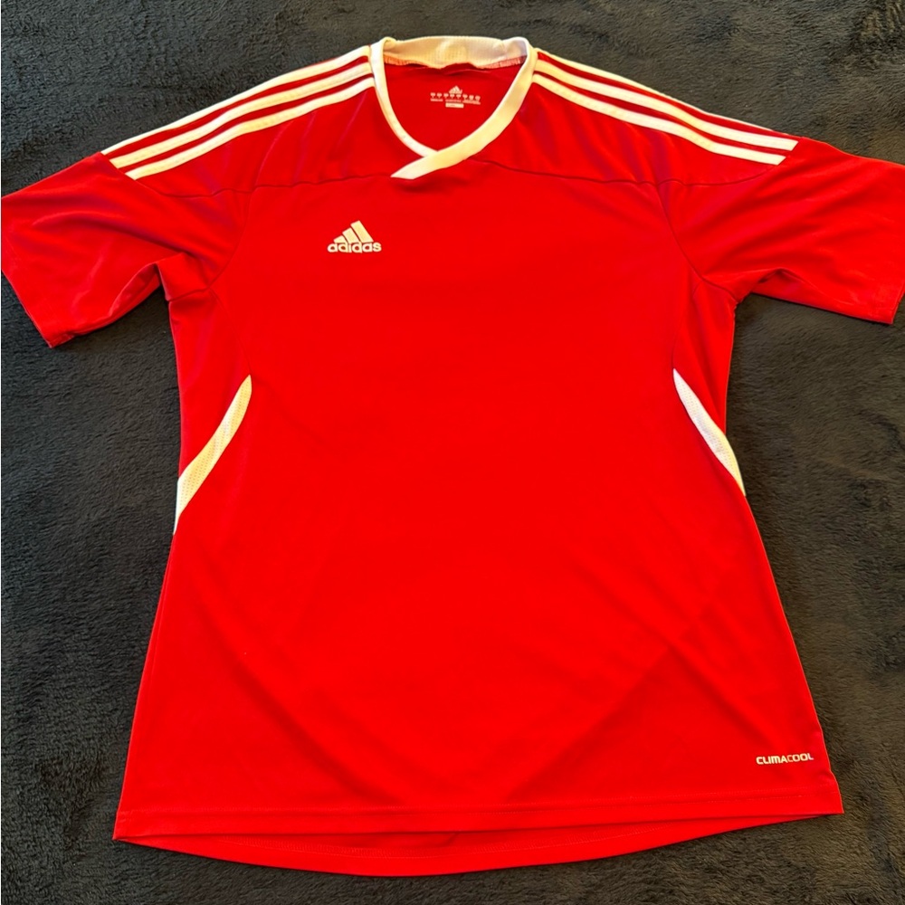 Adidas Climacool Mens Large Short Sleeve Red Striped Athletic Shirt